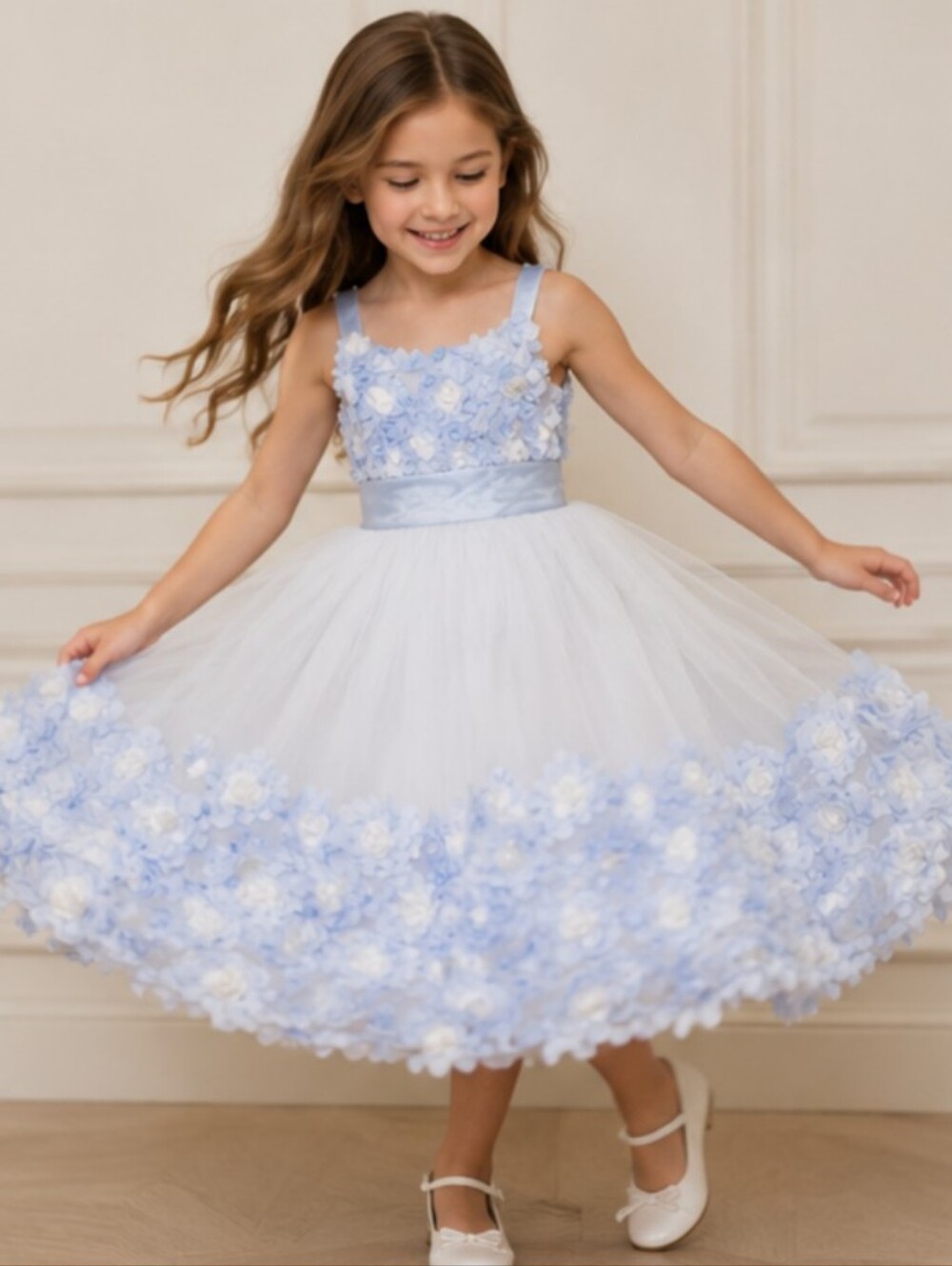 Blue and White Floral Tulle Party Dress for Girls